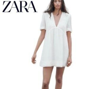 Zara Ivory V-Neck Mini Dress